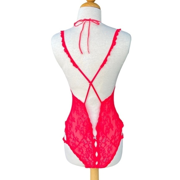 Victoria’s Secret Red Lace Teddy Peek-A-Boo Sheer Deep V Halter Large NWT 2014 - Picture 2 of 15